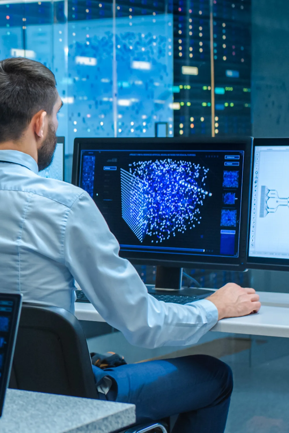 person on computer in blue office